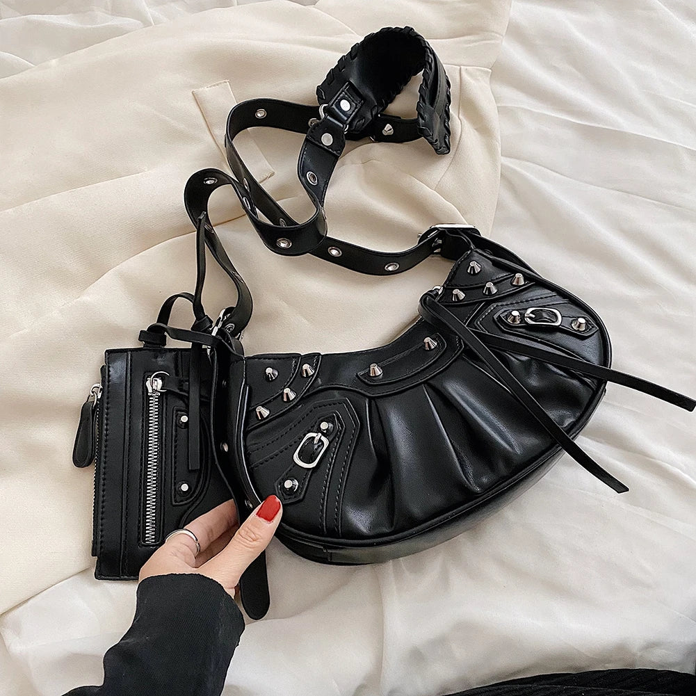 Half Moon Hobo Bag With Mini Purse PU Leather Shoulder Crossbody Bag