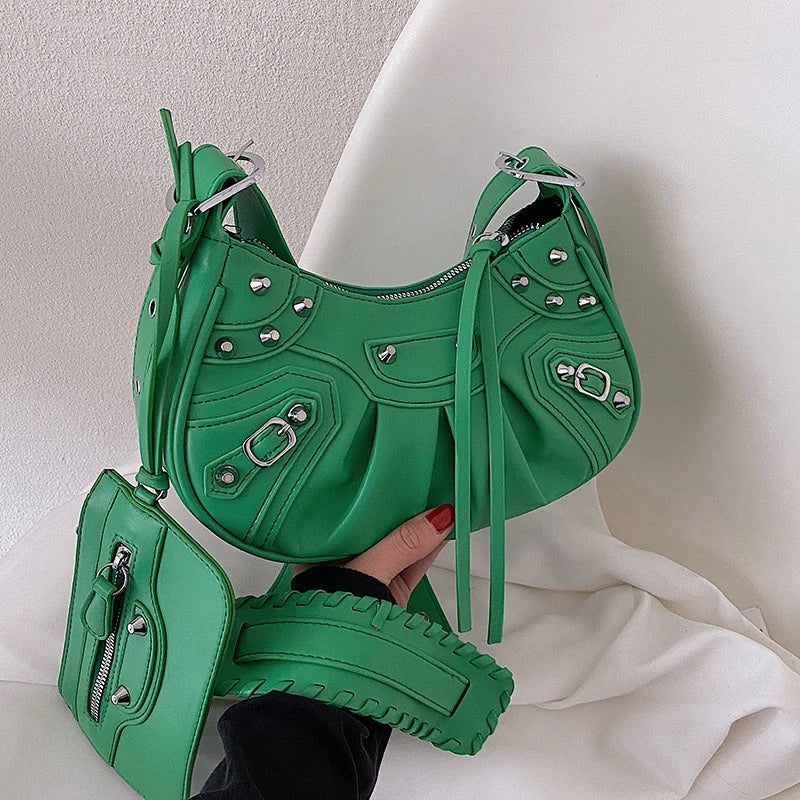 Half Moon Hobo Bag With Mini Purse PU Leather Shoulder Crossbody Bag