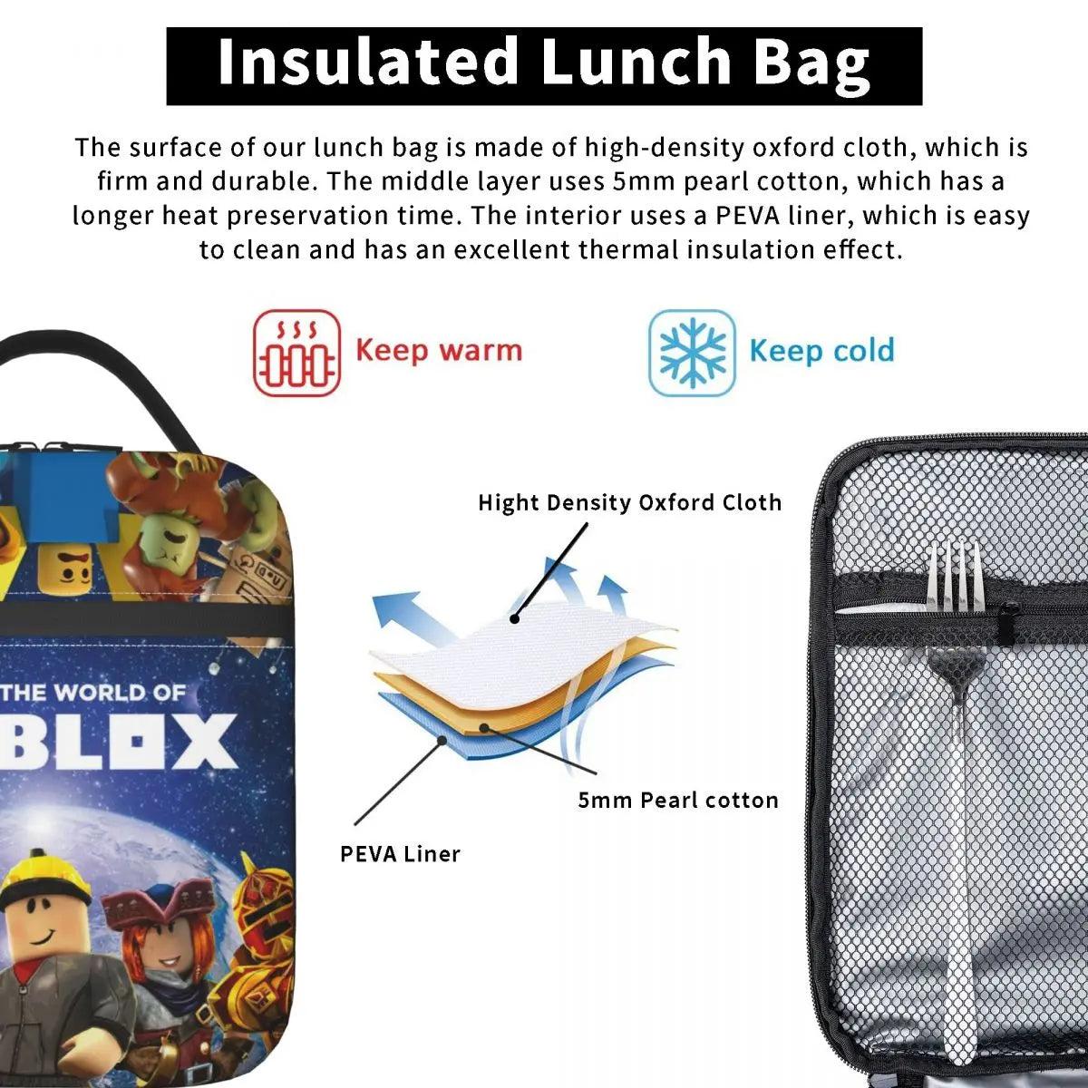 Robloxs Insulated Lunch Tote Bag for Women Cartoon Anime Game Reusable Thermal C