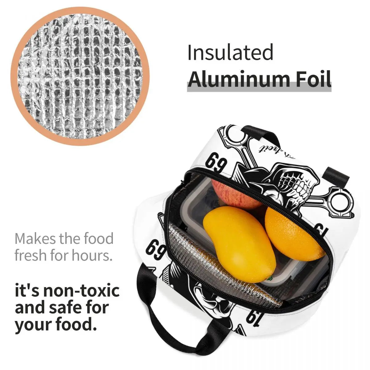 Rockabilly Skull Biker Thermal Insulated Lunch Bag for Kids