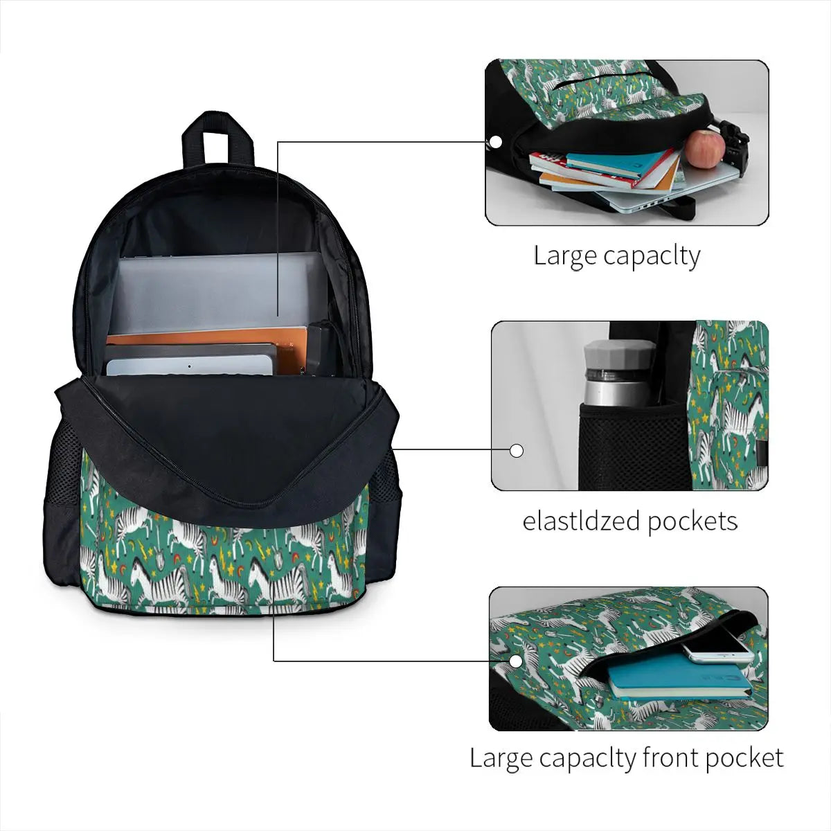 Rockin Rainbow Zebras On Green Backpacks Men's Backpacks Bags