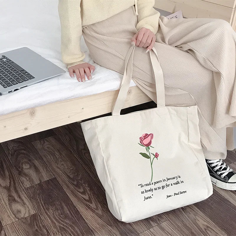 Rose Embroidery Canvas Bag Vintage Ladies Flower Shoulder Handbag