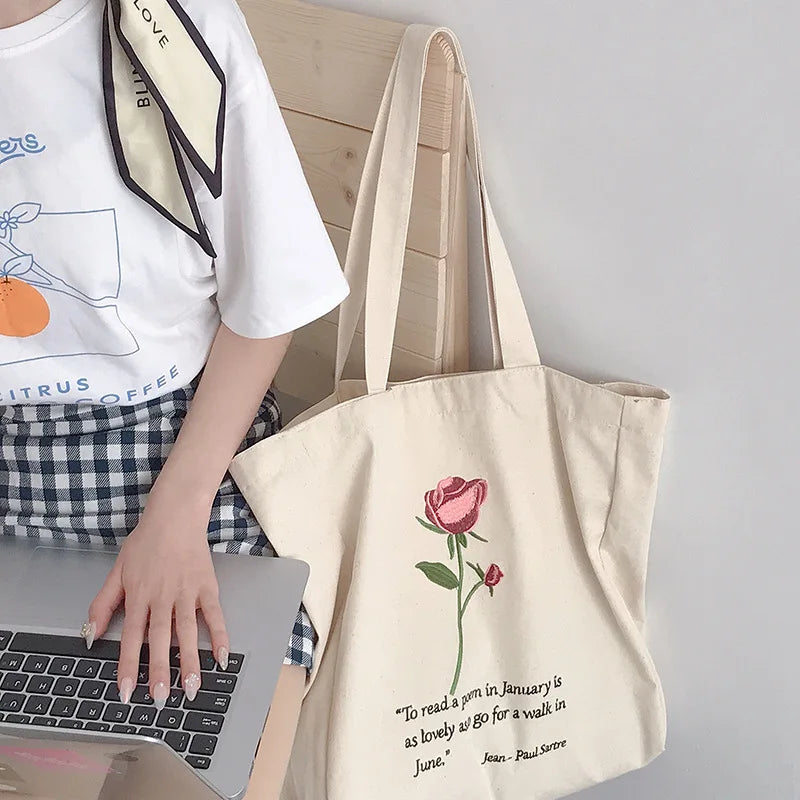 Rose Embroidery Canvas Bag Vintage Ladies Flower Shoulder Handbag