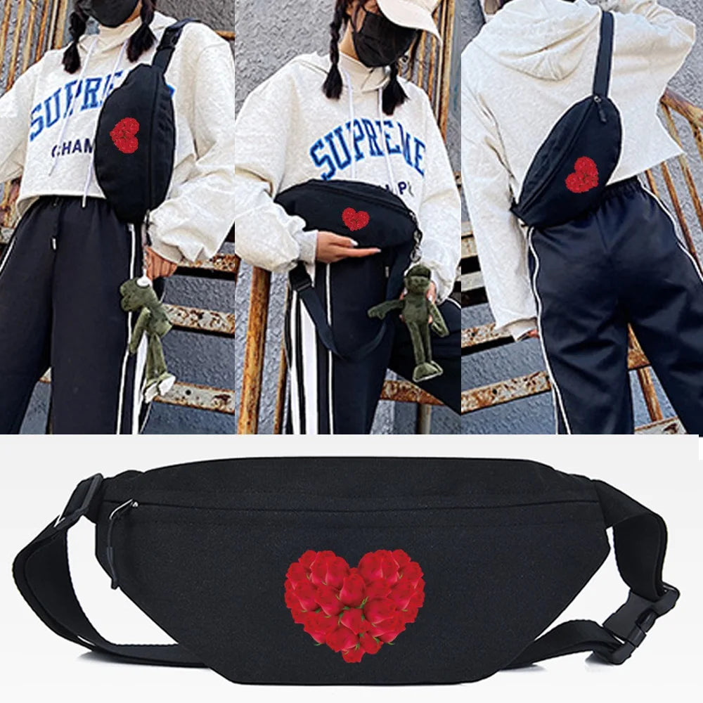 Rose Love Print Waist Bag Chest Pack for Women Unisex Hip Bag