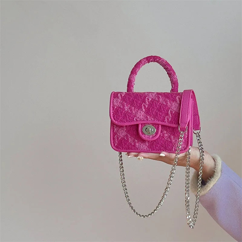 Rose Pink Women Lock Shoulder Bags Plaid Small Square Crossbody