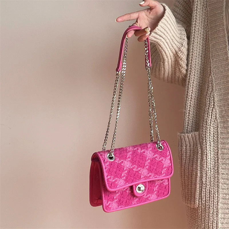 Rose Pink Lock Shoulder Bag Plaid Women Small Crossbody Clutch Purse Handbag