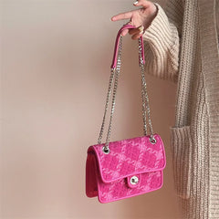 Rose Pink Lock Shoulder Bag Plaid Women Small Crossbody Clutch Purse Handbag