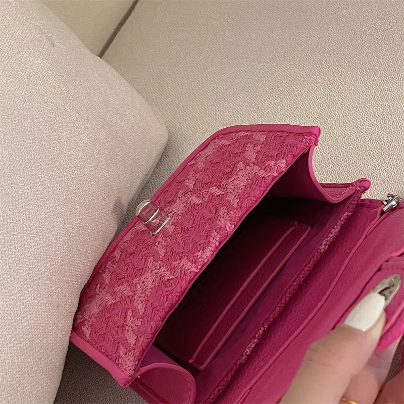 Rose Pink Women Lock Shoulder Bags Plaid Small Square Crossbody