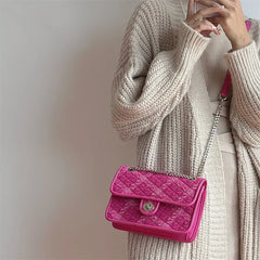 Rose Pink Women Lock Shoulder Bags Plaid Small Square Crossbody