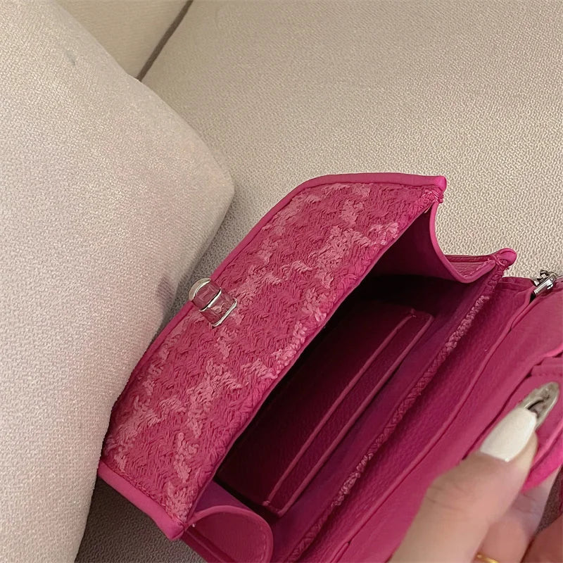 Rose Pink Lock Shoulder Bag Plaid Women Small Crossbody Clutch Purse Handbag