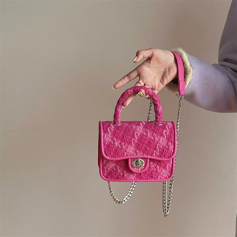 Rose Pink Women Lock Shoulder Bags Plaid Small Square Crossbody
