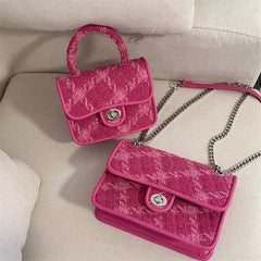 Rose Pink Women Lock Shoulder Bags Plaid Small Square Crossbody
