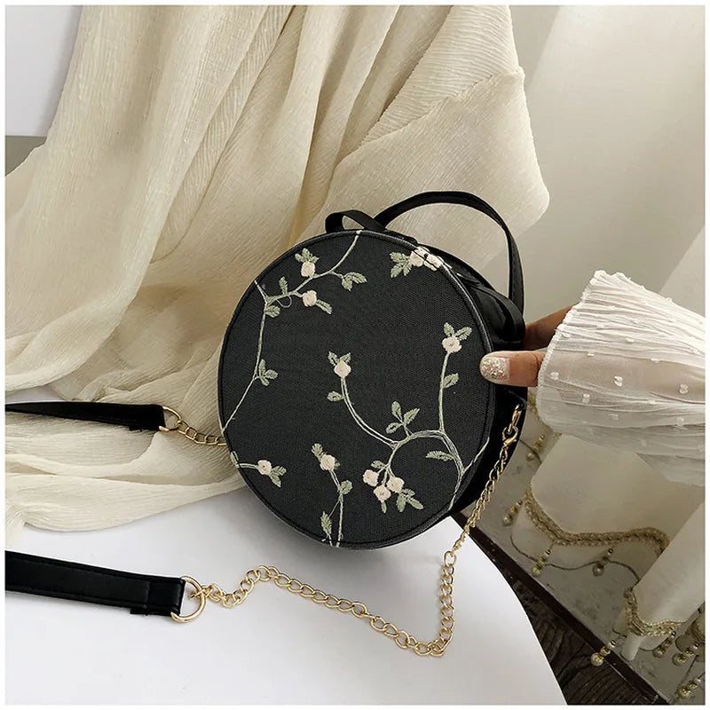 Embroidery PU Leather Women Crossbody Bag Flower Chain Shoulder