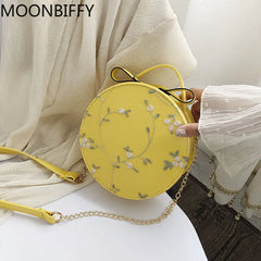 Embroidery PU Leather Women Crossbody Bag Flower Chain Shoulder