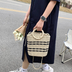 Straw Beach Bag Round Handle Rattan Shoulder Bohemian Summer Vacation