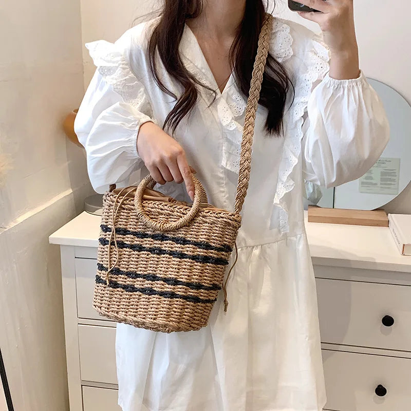 Straw Beach Bag Round Handle Rattan Shoulder Bohemian Summer Vacation