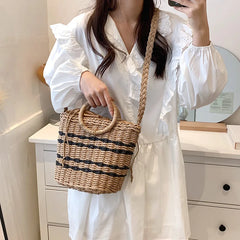Straw Beach Bag Round Handle Rattan Shoulder Bohemian Summer Vacation