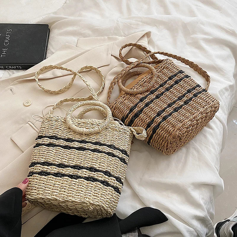 Straw Beach Bag Round Handle Rattan Shoulder Bohemian Summer Vacation