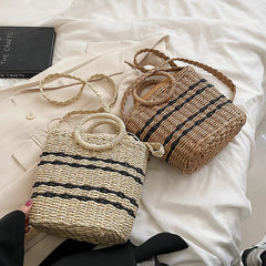 Straw Beach Bag Round Handle Rattan Shoulder Bohemian Summer Vacation
