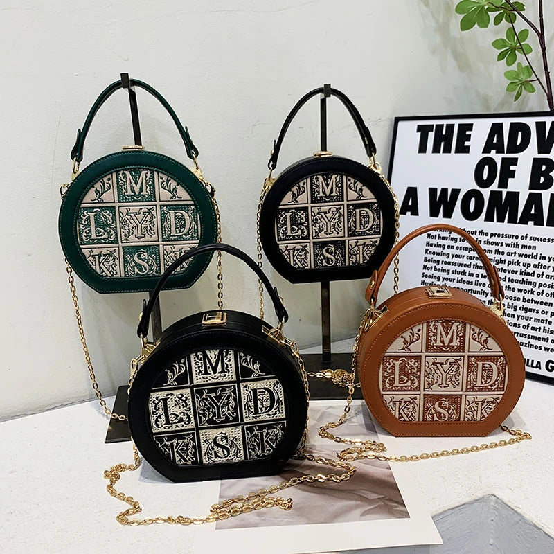 Round Letter Handbag Mini Crossbody Bag for Women Brown Green Shoulder Bag