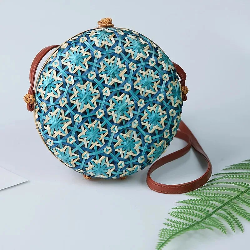 Colorful Round Rattan Bag Girls Shoulder Straw Beach Bag