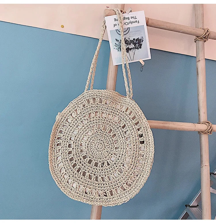 Round Straw Bag Women Farmhouse Style Handbag Ladies Summer Shoulder Bag