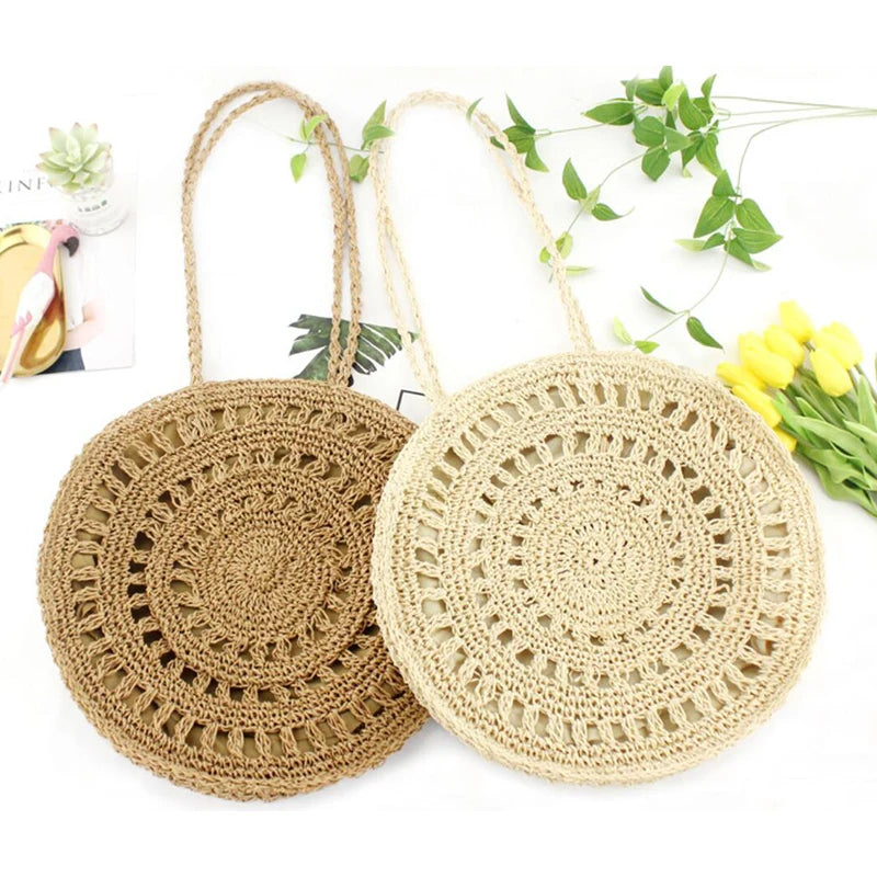 Round Straw Bag Women Farmhouse Style Handbag Ladies Summer Shoulder Bag