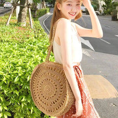 Round Straw Bag Women Farmhouse Style Handbag Ladies Summer Shoulder Bag