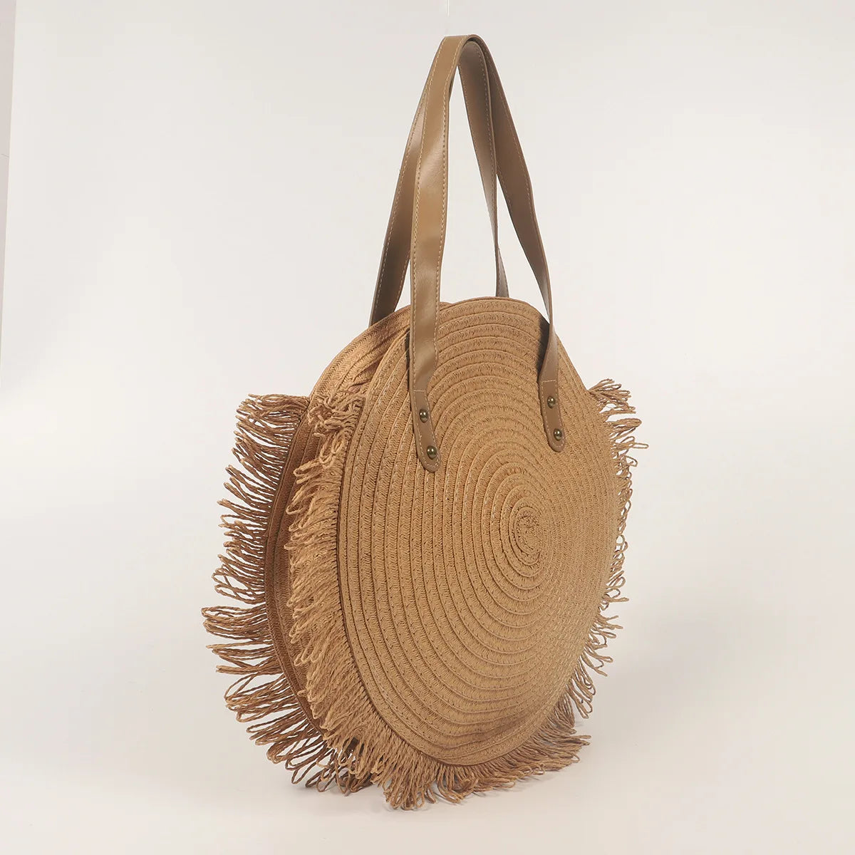 Round Straw Beach Bag Vintage Woven Shoulder Bag Raffia Circle Rattan Bags
