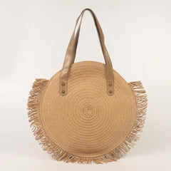 Round Straw Beach Bag Vintage Woven Shoulder Bag Raffia Circle Rattan Bags