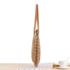 Round Straw Beach Bag Vintage Woven Shoulder Bag Raffia Circle