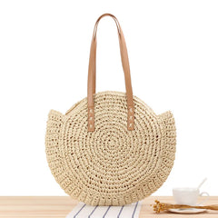 Round Straw Beach Bag Vintage Woven Shoulder Bag Raffia Circle