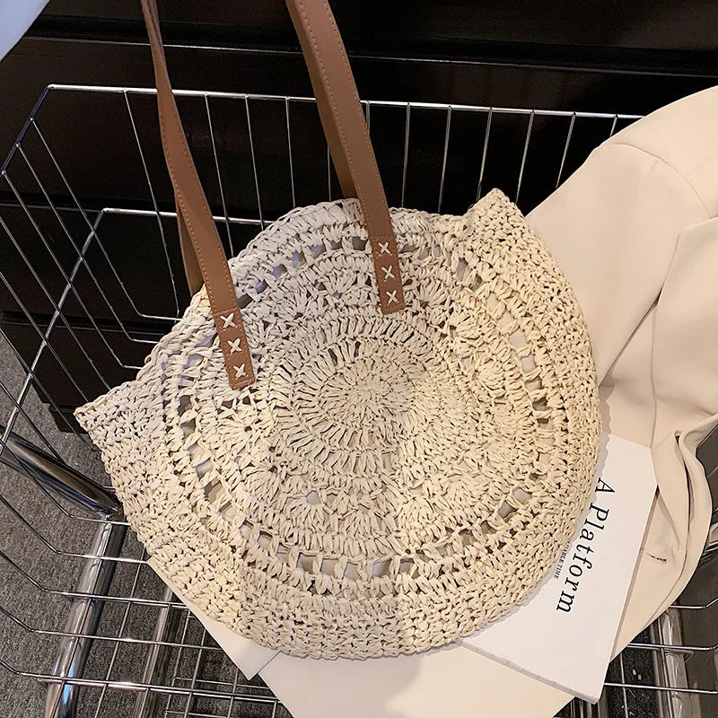 Round Straw Beach Bag Woven Shoulder Raffia Circle Rattan Bags Bohemian Summer