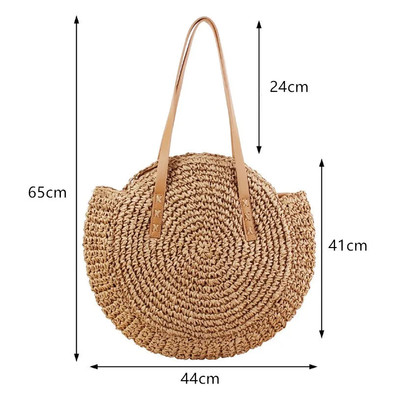 Round Straw Beach Bag Vintage Woven Shoulder Bag Raffia Circle