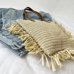 Vintage Round Straw Beach Bag Woven Rattan Bohemian Summer Shoulder Bag