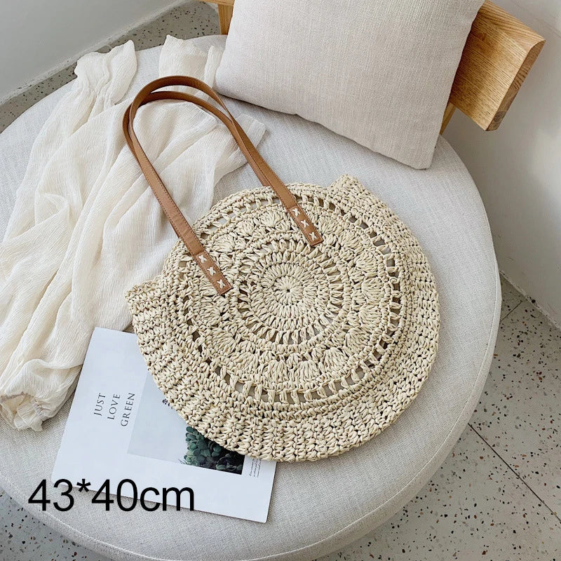 Round Straw Shoulder Bag For Women Woven Raffia Handbag Summer Beach Tote