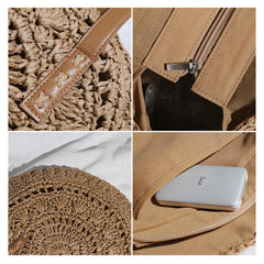 Round Straw Shoulder Bag For Women Woven Raffia Handbag Summer Beach Tote