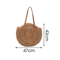 Round Straw Shoulder Bag For Women Woven Raffia Handbag Summer Beach Tote