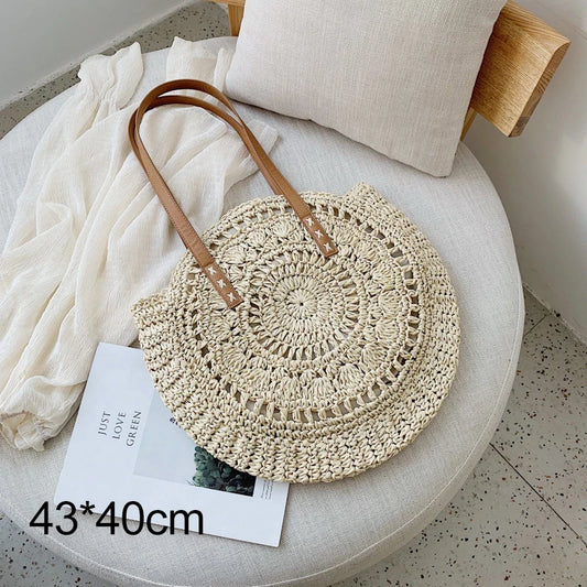 Round Straw Shoulder Bag For Women Woven Raffia Handbag Summer Beach Tote