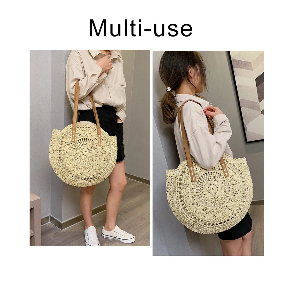 Round Straw Shoulder Bag For Women Woven Raffia Handbag Summer Beach Tote