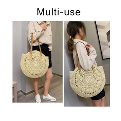 Round Straw Shoulder Bag For Women Woven Raffia Handbag Summer Beach Tote