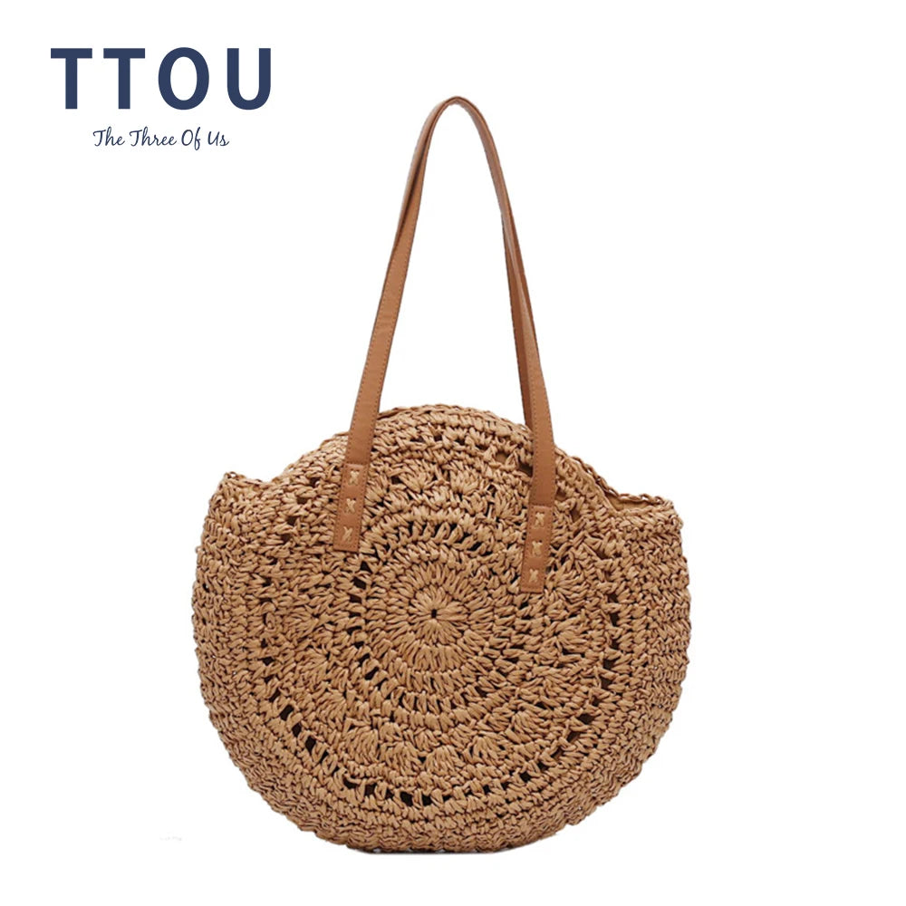 Round Straw Shoulder Bag For Women Woven Raffia Handbag Summer Beach Tote