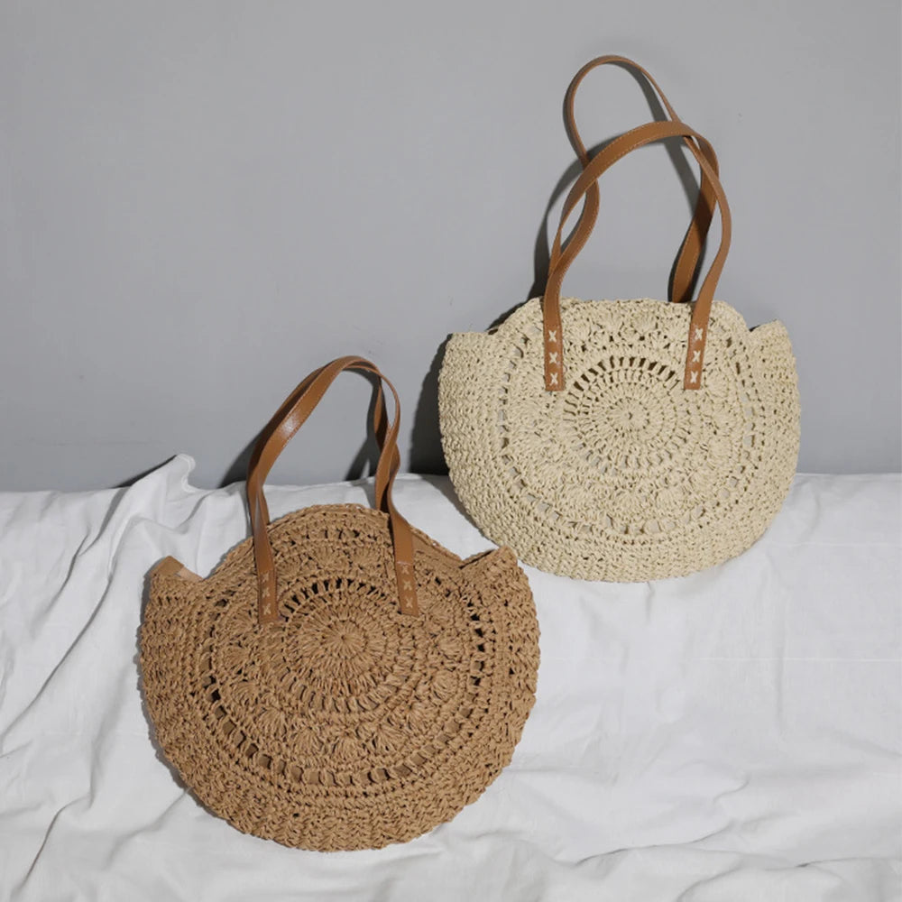 Round Straw Shoulder Bag For Women Woven Raffia Handbag Summer Beach Tote