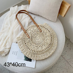 Round Straw Shoulder Bag For Women Woven Raffia Handbag Summer Beach Tote