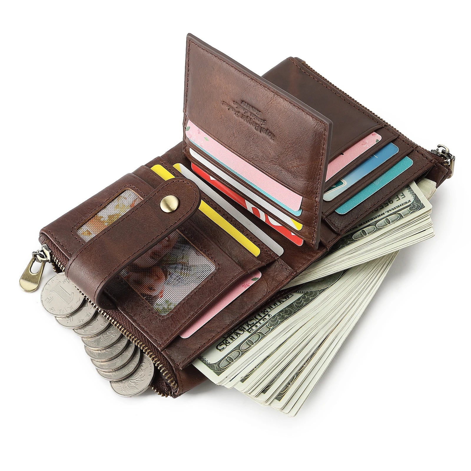 Men Short Wallet with Chain Strap RFID Block Real Cow Leather