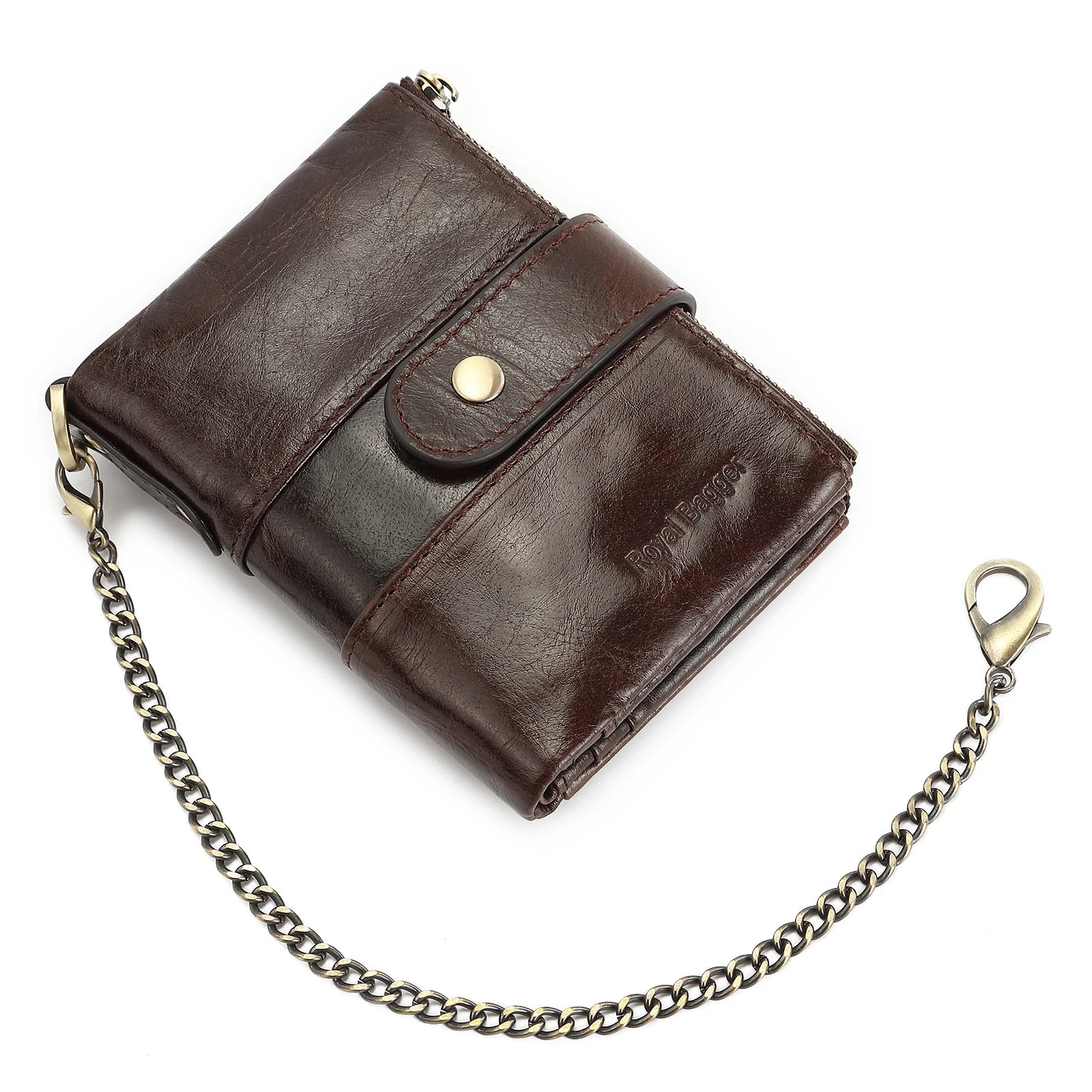 RFID Mens Short Wallet with Chain Strap Real Cow Leather Retro Engrave