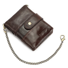 RFID Mens Short Wallet with Chain Strap Real Cow Leather Retro Engrave