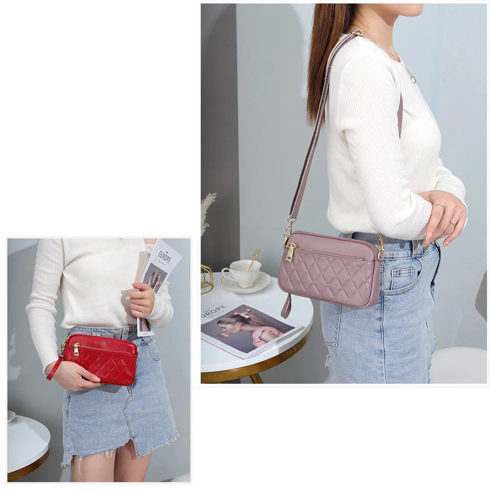 Cow Leather Shoulder Bag Women Long Purse Sling Bag Rhombus Pattern Cowhide