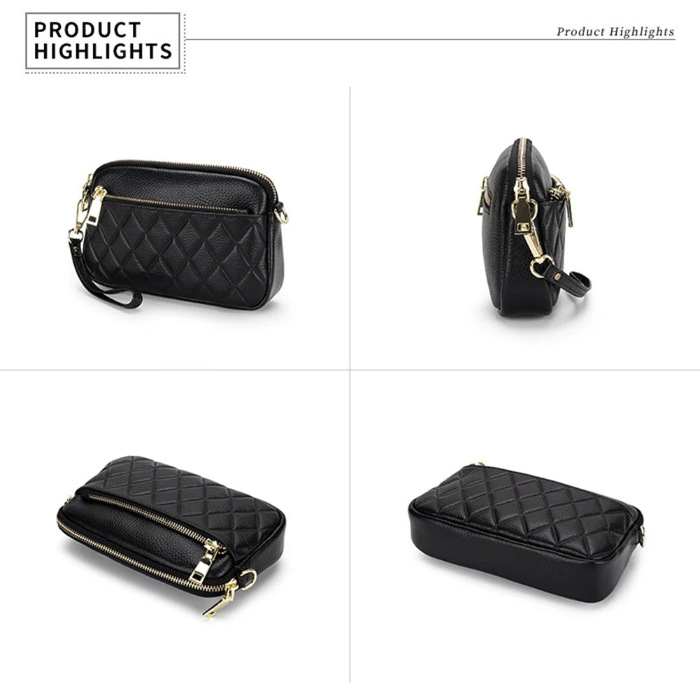 Cow Leather Shoulder Bag Women Long Purse Sling Bag Rhombus Pattern Cowhide