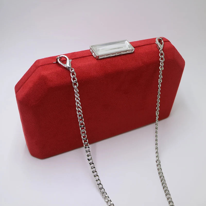 Red Velvet Suede Evening Clutch with Shoulder Chain
